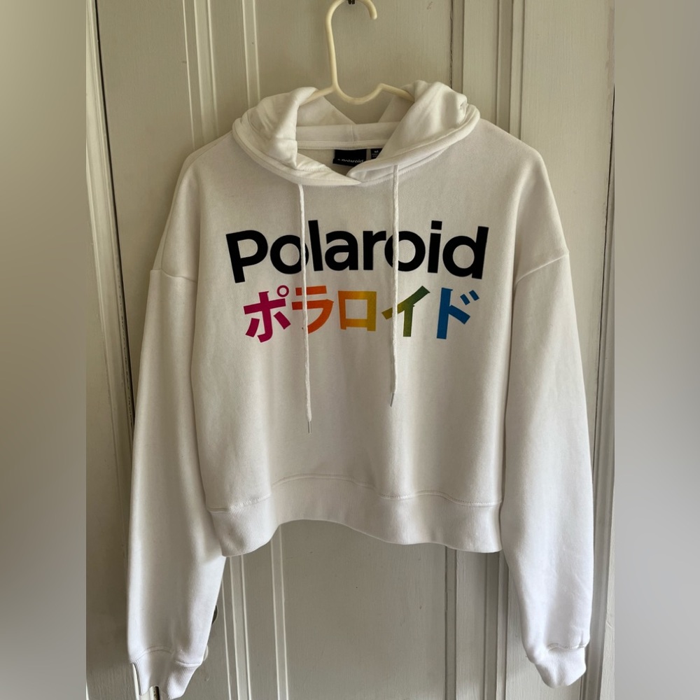 Polaroid cropped white hoodie sweatshirt with Japanese letters